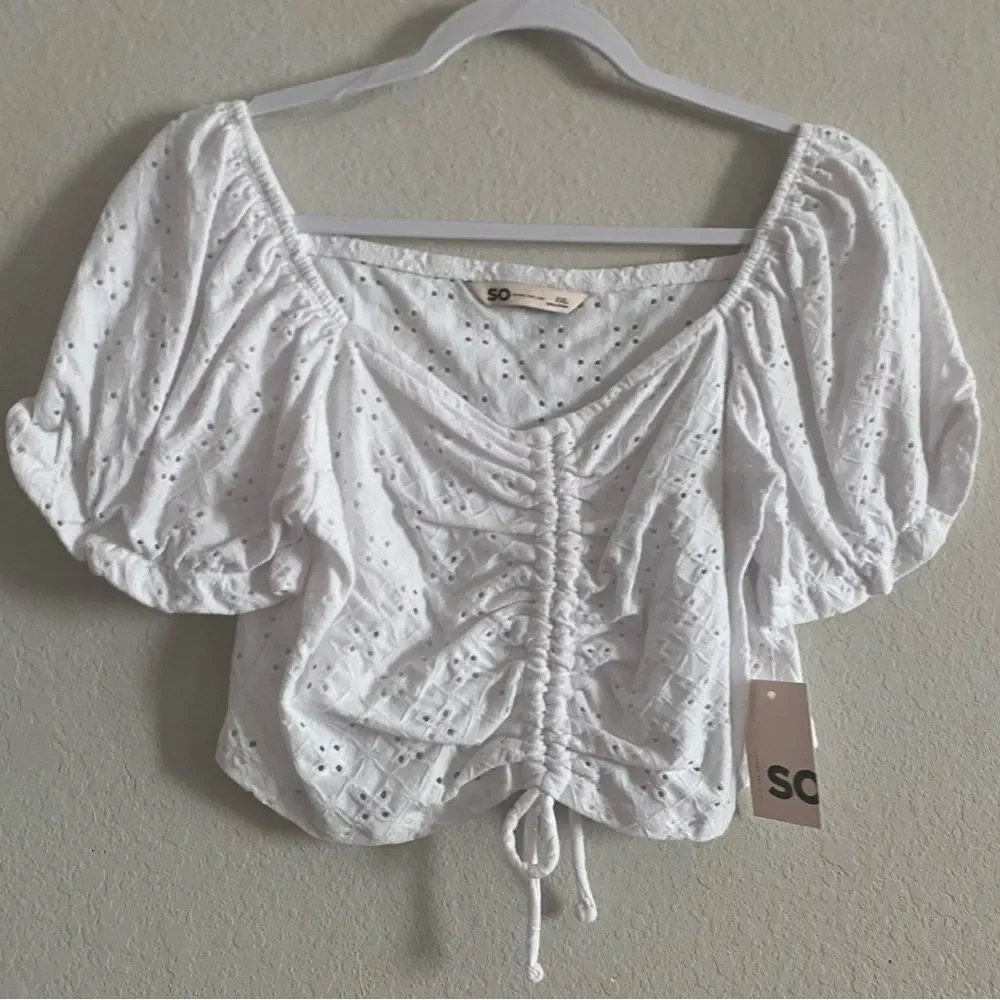 Juniors’ NWT SO Eyelet Cinch Front Puff Sleeve Cropped Top White Size XXL